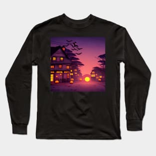 Sunset Halloween Pumpkin Village Spooky Season Long Sleeve T-Shirt